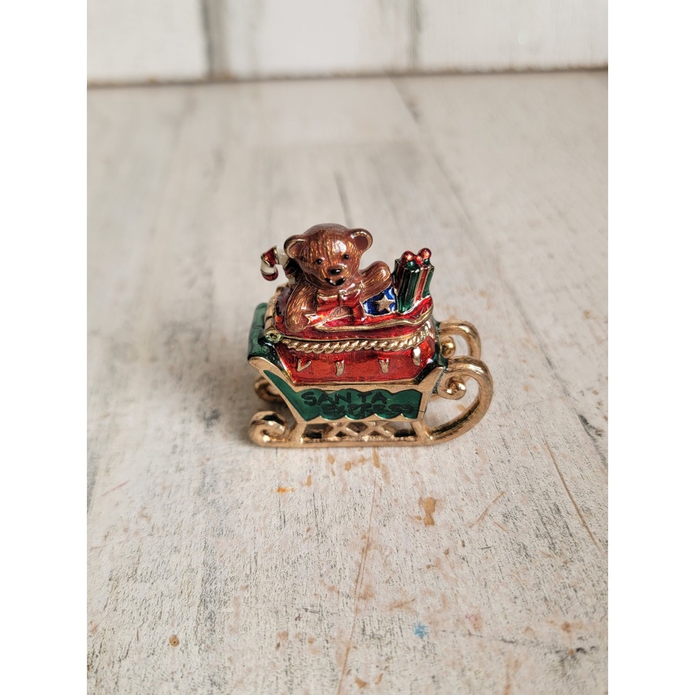 New York Santa Express vintage Mini trinket box teddy bear sleigh Xmas home
